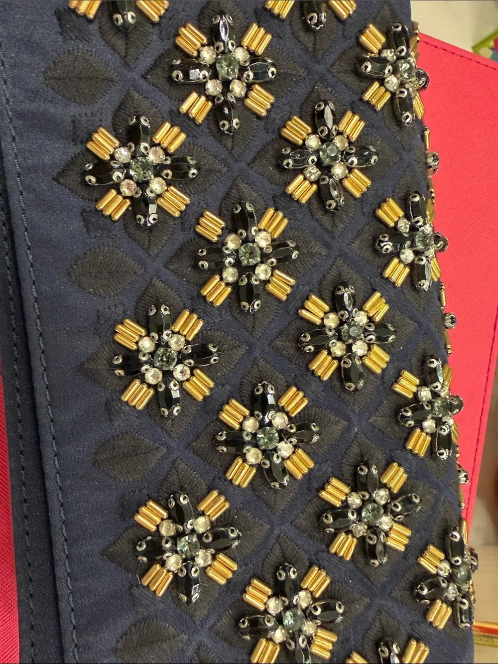Tory Burch Navy Quilted Clutch with Gold & Silver Bead Flowers